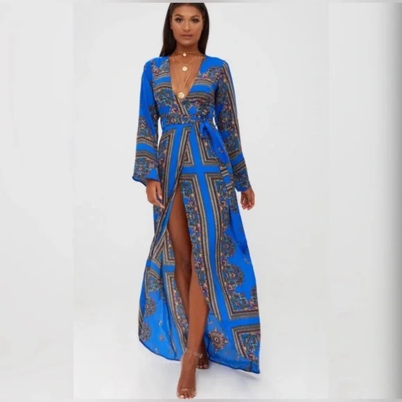 Pretty Little Thing Cobalt Print Satin Kimono Maxi Dress - Picture 1 of 6